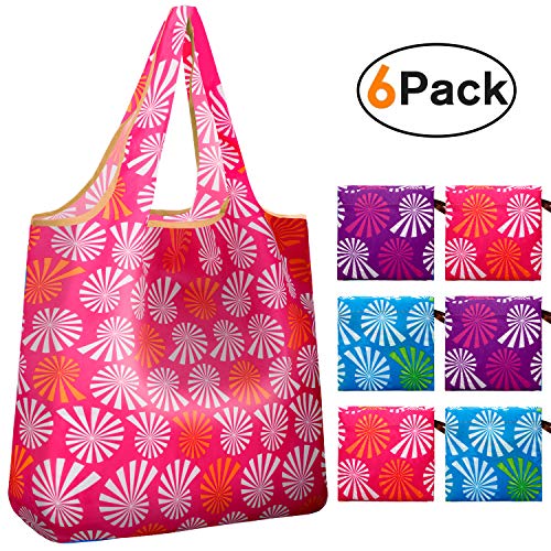 Reger Foldable Nylon Light Weight Compact Grocery Shopping Storage Bags Reusable & Mathine Washable Fits in Pocket Eco Friendly (Windmill Prints, Pack of 6)