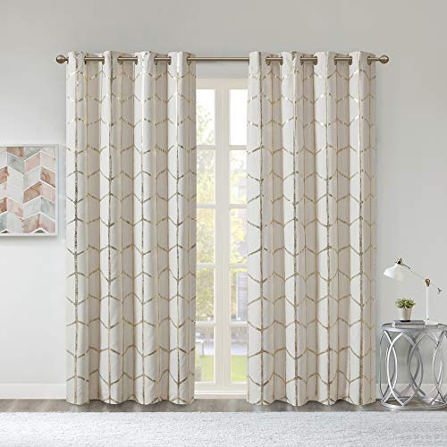 Book Cover Intelligent Design Raina Total Blackout Metallic Print Grommet Top Window Curtain Panel Thermal Insulated Light Blocking Drape for Bedroom Living Room and Dorm, 50x84, Ivory/Gold