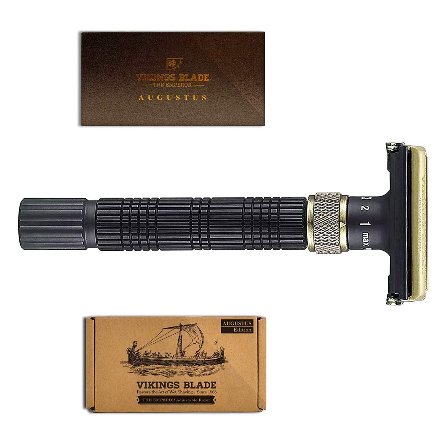 Book Cover Adjustable Double Edge Safety Razor, The Emperor by VIKINGS BLADE, Long & Fat Handle, Butterfly Twist-To-Open, Eco Friendly, Luxury Case. Smooth, Close, Clean Shaving Razor (Variation: Augustus) FAT, Black (Emperor Augustus)