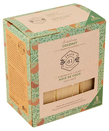 Crate 61, Vegan Natural Bar Soap, Coconut, 3 Pack, Handmade Soap With Premium Essential Oils, Cold Pressed Face And Body Bar Soap For Men And Women (4 oz, 3 Bars) Coconut 3 Pack