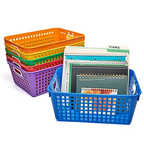 Really Good Stuff Plastic Storage Baskets with Handles, Bins for Books & Supplies, Organize Classroom & Home, 13” x 10”, Rainbow Colors 6 pk, Paper Trays, Teacher Bins, Classroom Essentials
