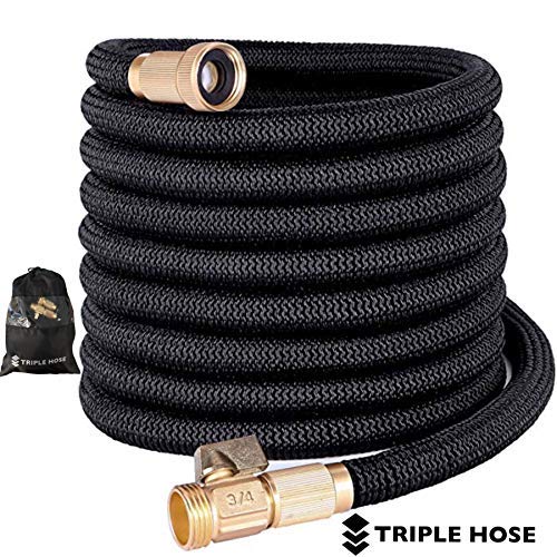 Heavy Duty Expandable Garden Hose | Strongest Expanding Triple Layer Latex Core | Durable Nylon Fabric | Solid Brass Fittings | Shut Off Water Valve | Gift/Storage Bag (50, Black)