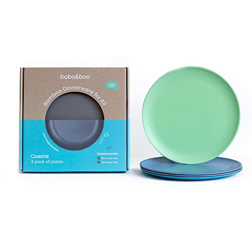 BOBO&BOO Big Kid Sized (10inch) Bamboo Plates for Adults & Kids | 4 Set | Durable Bamboo Dinnerware Set for Home, Picnic & Party Time â€“ BPA Free â€“ Dishwasher Safe - Coastal