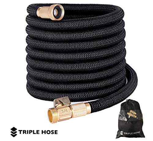 Heavy Duty Expandable Garden Hose | Strongest Expanding Triple Layer Latex Core | Durable Nylon Fabric | Solid Brass Fittings | Shut Off Water Valve | Gift/Storage Bag (75, Black)
