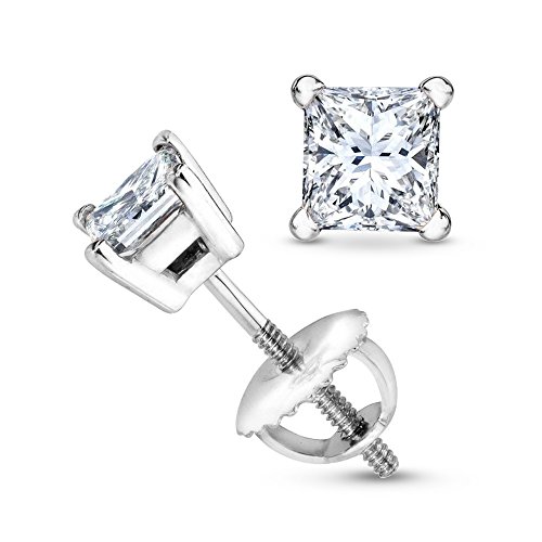 Houston Diamond District 0.25 to 2 Carat Total Weight Princess Diamond Stud Earrings for Women 4 Prong Screw Back (G-H Color SI1-SI2 Clarity) White Gold 2 Carat