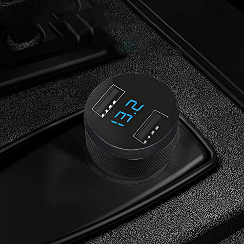 Car Charger, XINBAOHONG Fast Charge Metal Dual USB 4.8A Car Adapter LED Display Car Voltage Detector Flush Fit for Phone PC and More (Black-B)