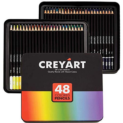 Book Cover Colored Pencils Set of 48 – Pre-Sharpened Nontoxic Art Supplies for Kids and Adults - Soft and Thick Oil Based Leads – 48 Colors in Tin Box - By Creyart