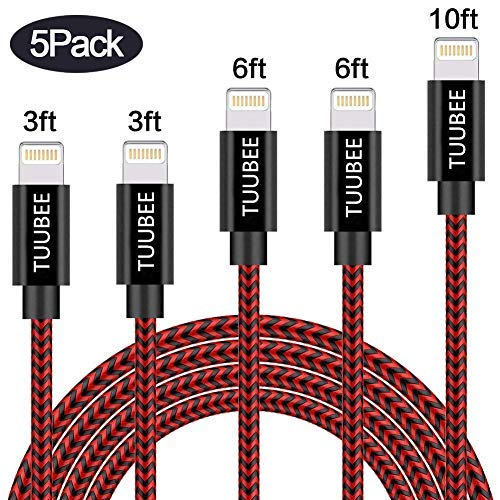 TUUBEE 5Pack[3/3/6/6/10FT] Nylon Braided Cell-Phone Charging Cable USB Fast Charging & Syncing Long Cord,iPhone Charger Compatible iPhone XS/Max/XR/X/8P/8/7/7P/6/6P/iPad/iPod (Black&Red)