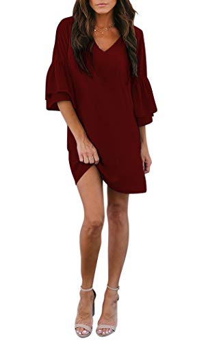 Book Cover BELONGSCI Women's Dress Sweet & Cute V-Neck Bell Sleeve Shift Dress Mini Dress Wine Red