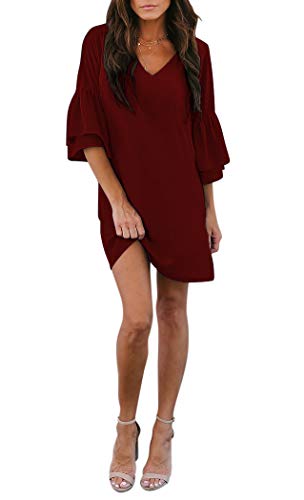 BELONGSCI Women's Dress Sweet & Cute V-Neck Bell Sleeve Shift Dress Mini Dress Wine Red