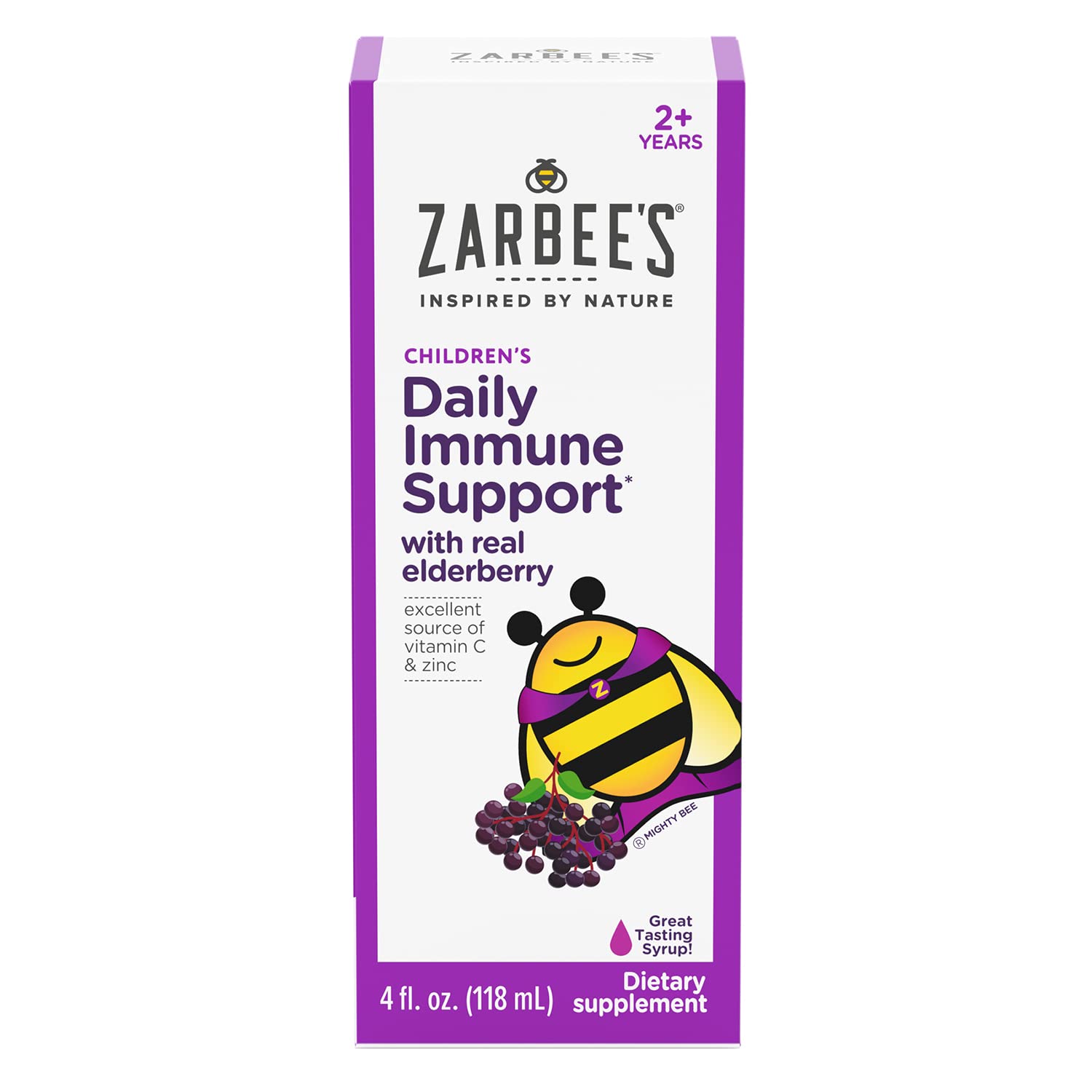 Book Cover Zarbee's Elderberry Syrup for Kids, Daily Immune Support with Vitamin C & Zinc, Childrens Liquid Supplement, Natural Berry Flavor, 4 fl oz Kids Elderberry Syrup 4oz