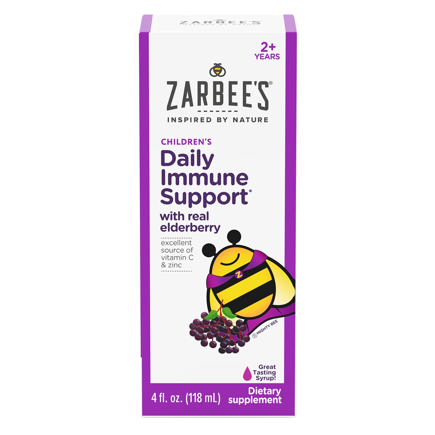 Zarbee's Elderberry Syrup for Kids, Daily Immune Support with Vitamin C & Zinc, Childrens Liquid Supplement, Natural Berry Flavor, 4 fl oz Kids Elderberry Syrup 4oz