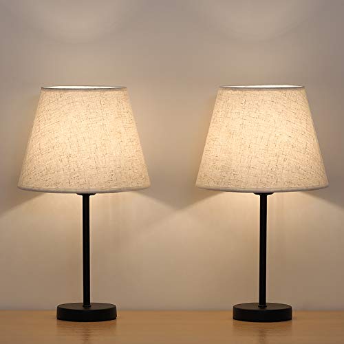 HAITRAL Small Bedside Table Lamps - 2 Pack Elegant Modern Nightstand Table Lamps for Living Room, Bedroom with Metal Base and Fabric Linen Shape - Black (HT-TH28-27X2)