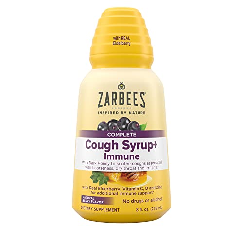 Book Cover Zarbee's Adult Daytime Cough Syrup + Immune With Honey, Real Elderberry, Vitamin C, D & Zinc For Immune support, Drug & Alcohol-Free, Gluten-Free, Ages 12+, Natural Berry Flavor, 8 Fl. Oz,Liquid