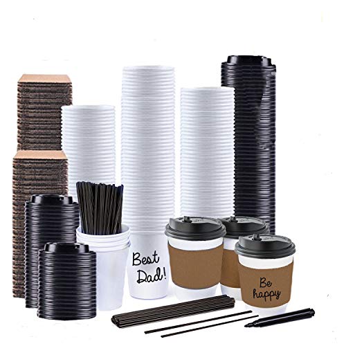 Sugarman Creations 12oz White Disposable Coffee Cups with Leak-Proof Lids. 65-Pack. Hot and Cold Beverage Drinking Cups. Jumbo Set of Paper Cups, Lids, Heat Resistant Sleeves and Stirrers