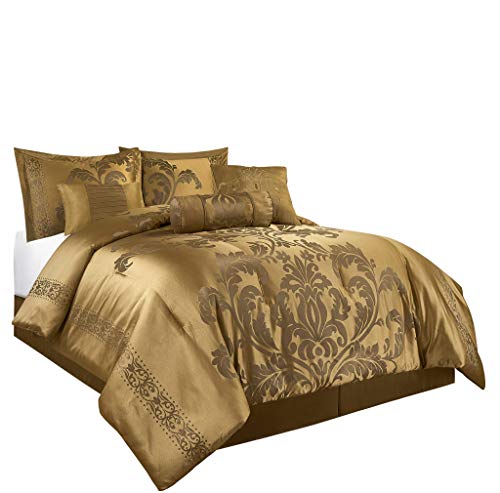 Book Cover Chezmoi Collection 7-Piece Jacquard Floral Comforter Set (King, Gold)