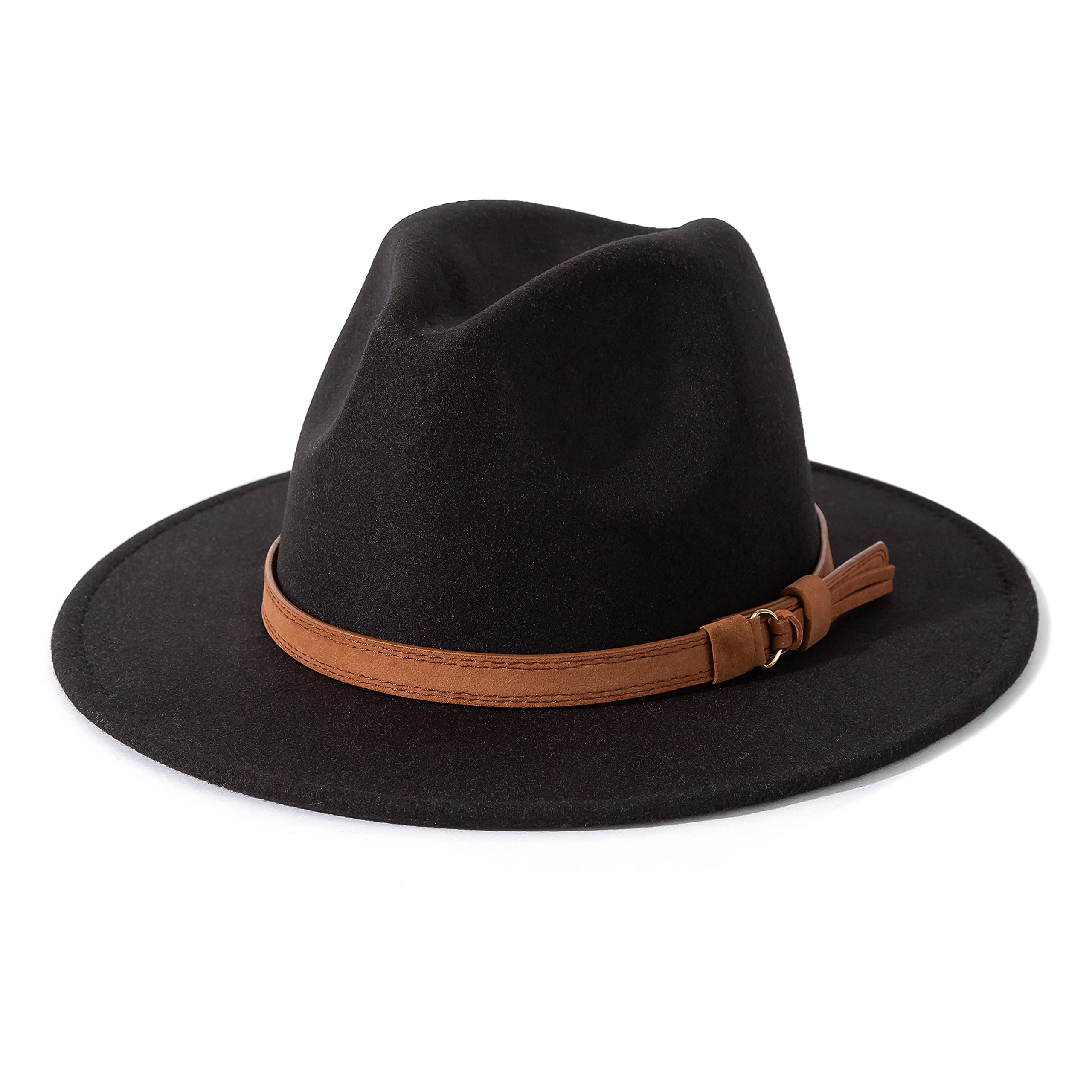Lisianthus Men & Women Vintage Wide Brim Fedora Hat with Belt Buckle Black Medium