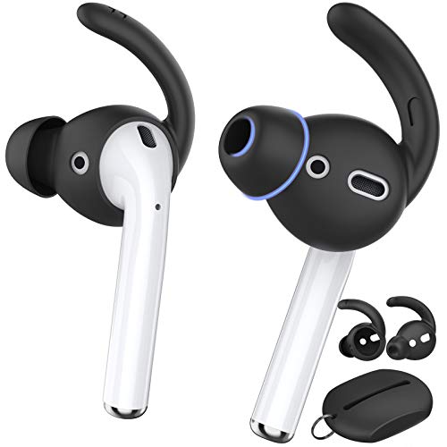 AhaStyle 2 Pairs AirPods Ear Hooks Cover Earbuds Tips [Added Storage Pouch] Compatible with Apple AirPods 2 and 1 or EarPods(Black-2 Pairs Large)