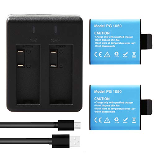 AKASO 2 x 1050mAh Low Temperature Resistant High Capacity Rechargeable Battery with USB Dual Charger for AKASO EK7000/EK7000 Plus/EK7000 Pro/Brave 4/ Dragon Touch Vision 3/Vision 4 Action Camera