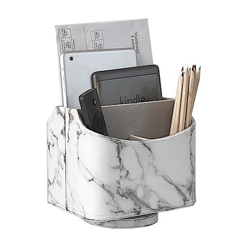 UnionBasic 360 Degrees Rotatable Remote Control/Controller Organizer, Spinning TV Guide/Mail/Media Desktop Organizer Caddy Holder, PU Leather with Marble White Pattern