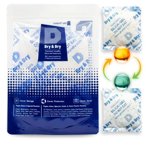 Dry & Dry 50 Gram [24 Packs] Premium Quality Food Safe Orange Indicating(Orange to Dark Green) Mixed Silica Gel Packets - Rechargeable(FDA Compliant)