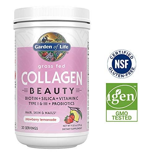 Garden of Life Grass Fed Collagen Beauty Powder for Hair Skin & Nails - Strawberry Lemonade, 20 Servings - 12g Type I & III Peptides, 11g Collagen Protein, Biotin, Vitamin C, Probiotics, Keto & Paleo