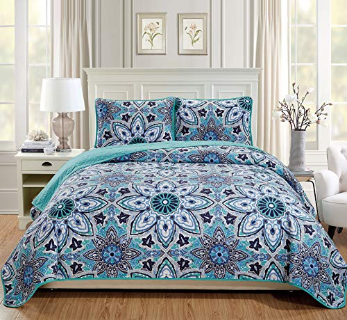 Book Cover Linen Plus Over Size Quilted Bedspread Floral New (Turquoise, King/Cal King)