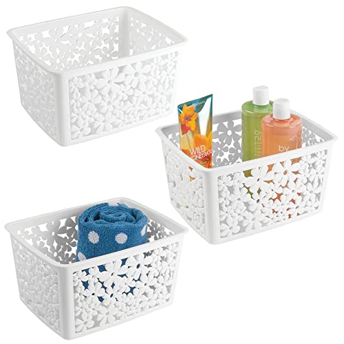 mDesign Plastic Bathroom Storage Basket Bin for Organizing Hand Soaps, Body Wash, Shampoos, Lotion, Conditioners, Hand Towels, Hair Accessories, Body Spray - Large, Floral Design, 3 Pack - White