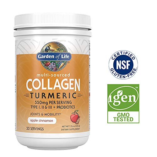 Garden of Life Multi-Sourced Collagen Turmeric for Joints & Mobility - Apple Cinnamon, 20 Servings - 10g Type I, II & III Peptides, 9g Collagen Protein, 60mg Turmeric Curcuminoids, Probiotics, Keto