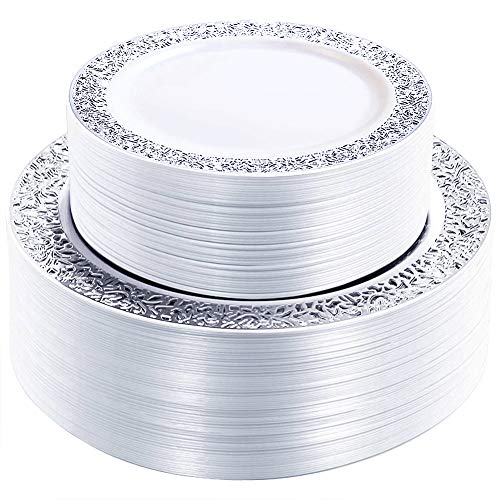 Book Cover WDF 102PCS Silver Plastic Plates-Disposable Plates with Silver Rim- Lace Design Plates including 51Plastic Dinner Plates 10.25inch,51 Salad Plates 7.5inch