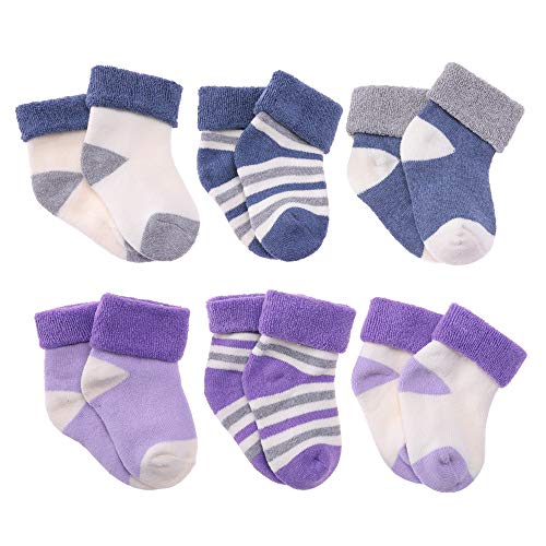 HERHILLY 6 Pack Infant Baby Boys Girls Socks with Grips Toddler Thick Cotton Socks Anti Slip 0-3 Years Old (1-3 Year Old, Blue + Purple)