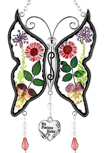 KY&BOSAM Suncatcher Butterfly My Precious Sister Sun catchers Gifts Stain Glass Hanging for Windows Crystal & Metal Maker for Garden Christmas Tree Wedding Party Patio Backyard Home Outdoor Decoration