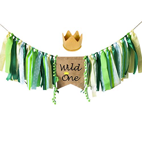 Book Cover Wild One Banner, Wild One HighChair Banner, HighChair Banner Crown Decorations Set for Baby Girl Boy 1st Birthday Party Supplies, Safari Zoo Jungle Themed First Birthday Highchair Banner Decorations