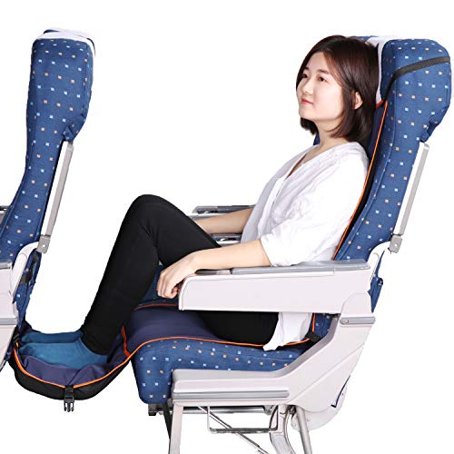 Book Cover Travel Bread Airplane Footrest Hammock, Portable Travel Foot Rest with Inflatable Pillows, Adjustable Height Flight Carry-On Footrest Provides Relaxation and Comfort for Airplane, Train, Bus (Blue)