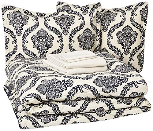 Book Cover Amazon Basics 8-Piece Ultra-Soft Microfiber Bed-In-A-Bag Comforter Bedding Set - Full/Queen, Blue and Tan Damask