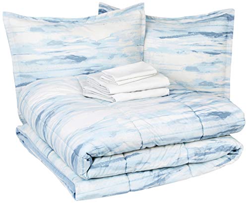 Book Cover AmazonBasics 8-Piece Comforter Bedding Set, Full / Queen, Blue Watercolor, Microfiber, Ultra-Soft