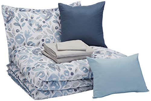 Book Cover AmazonBasics 8-Piece Bed-in-a-Bag - Soft, Easy-Wash Microfiber - Twin/Twin XL, Blue Watercolor Floral