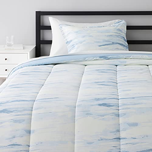 Book Cover Amazon Basics 6-Piece Ultra-Soft Microfiber Bed-In-A-Bag Comforter Bedding Set - Twin/Twin XL, Blue Watercolor