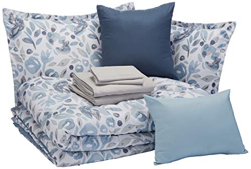 Book Cover AmazonBasics 10-Piece Bed-in-a-Bag - Soft, Easy-Wash Microfiber - Full/Queen, Blue Watercolor Floral