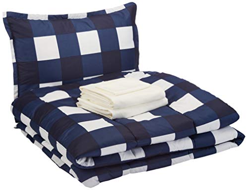 Book Cover Amazon Basics 6-Piece Ultra-Soft Microfiber Bed-In-A-Bag Comforter Bedding Set - Twin/Twin XL, Navy Oversized Gingham