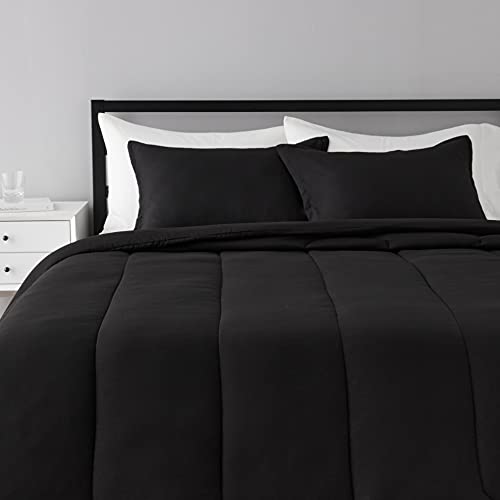 Amazon Basics Comforter Set, Full / Queen, Black, Microfiber, Ultra-Soft
