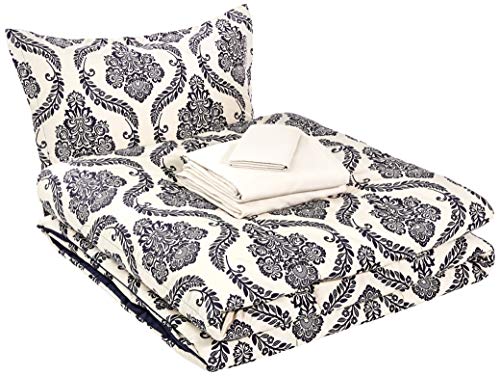 Book Cover AmazonBasics 6-Piece Comforter Bedding Set, Twin / Twin XL, Blue and Tan Damask, Microfiber, Ultra-Soft