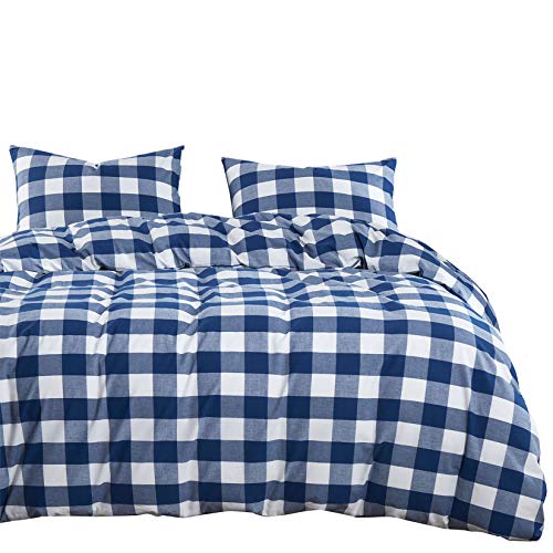 Book Cover Wake In Cloud - Washed Cotton Duvet Cover Set, Buffalo Check Gingham Plaid Geometric Checker Pattern Printed in Navy Blue White, 100% Cotton Bedding, with Zipper Closure (3pcs, California King Size)