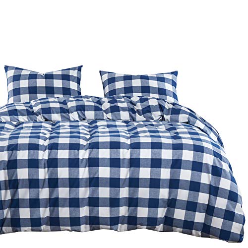 Wake In Cloud - Washed Cotton Duvet Cover Set, Buffalo Check Gingham Plaid Geometric Checker Pattern Printed in Navy Blue White, 100% Cotton Bedding, with Zipper Closure (3pcs, California King Size)