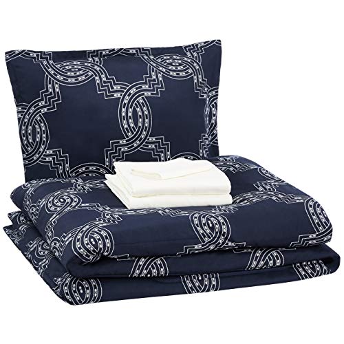 Amazon Basics 6-Piece Ultra-Soft Microfiber Bed-In-A-Bag Comforter Bedding Set - Twin/Twin XL, Navy Nautical Knot