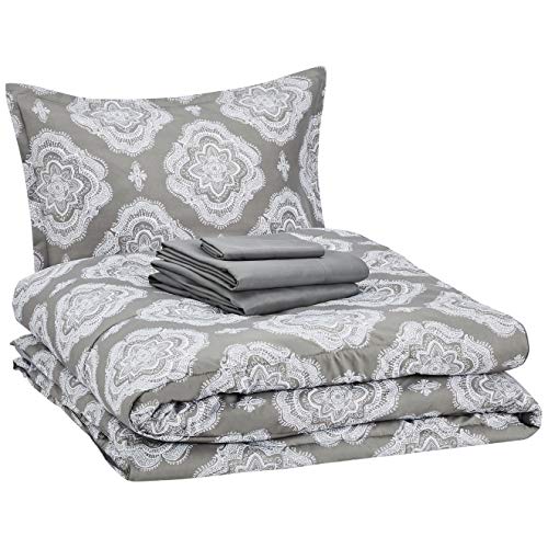 Book Cover AmazonBasics 6-Piece Comforter Bedding Set, Twin / Twin XL, Grey Medallion, Microfiber, Ultra-Soft