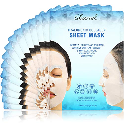 Book Cover Ebanel 15 Pack Collagen Face Mask, Instant Brightening & Hydrating Face Sheet Mask with Aloe Vera, Hyaluronic Acid, Vitamin C and E, Chamomile, Anti Aging Face Mask with Hydrolyzed Collagen, Peptide
