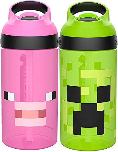 Book Cover Zak Designs Minecraft Kids Water Bottle with Straw and Built in Carrying Loop Set, Made of Plastic, Leak-Proof Water Bottle Designs (Creeper/Pig, 16 oz, BPA-Free, 2pc Set)