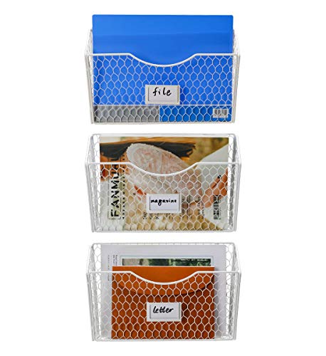 PAG 3 Pockets Hanging File Holder Wall Mount Mail Organizer Metal Chicken Wire Magazine Rack with Tag Slot, White