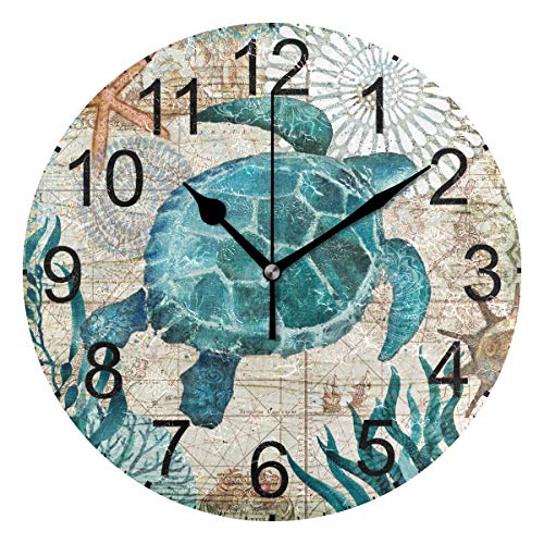 Book Cover LUCASE LEMON ALEX Blue Sea Turtle Nautical Map Round Acrylic Wall Clock Non Ticking Silent Clocks for Home Decor Living Room Kitchen Bedroom Office School